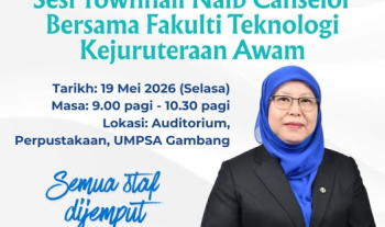 Semua staf Fakulti Teknologi Kejuruteraan Awam, UMPSA dijemput hadir ke Sesi Townhall Naib Canselor UMPSA yang akan berlangsung pada 19 Mei 2026 bertempat di Auditorium, Perpustakaan UMPSA Gambang. Kehadiran semua staf amatlah dialu-alukan
